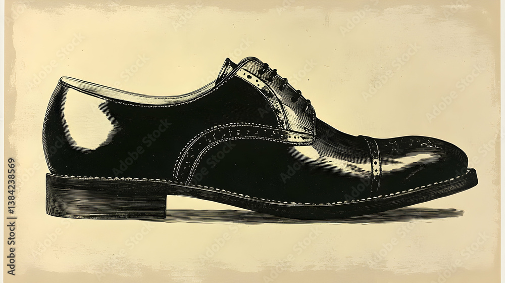Naklejka premium Glossy black dress shoe meticulously engraved with fine lines sitting gracefully on a creamy backdrop