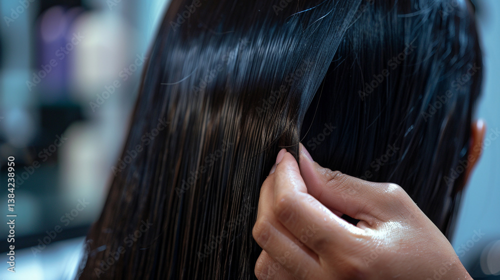 Fototapeta premium A client getting a sleek, straight hairstyle at a salon. stock image, hd quality, natural look, blog post, fashion post, styling, hair care.