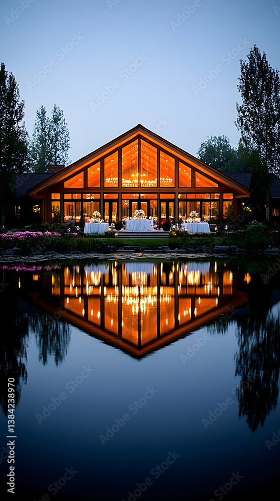 Grand building with illuminated interior reflected in a calm body of water at dusk creating a serene and symmetrical sc Grand building with illuminated interior reflected in a calm body of water at dusk creating a serene and symmetrical sc