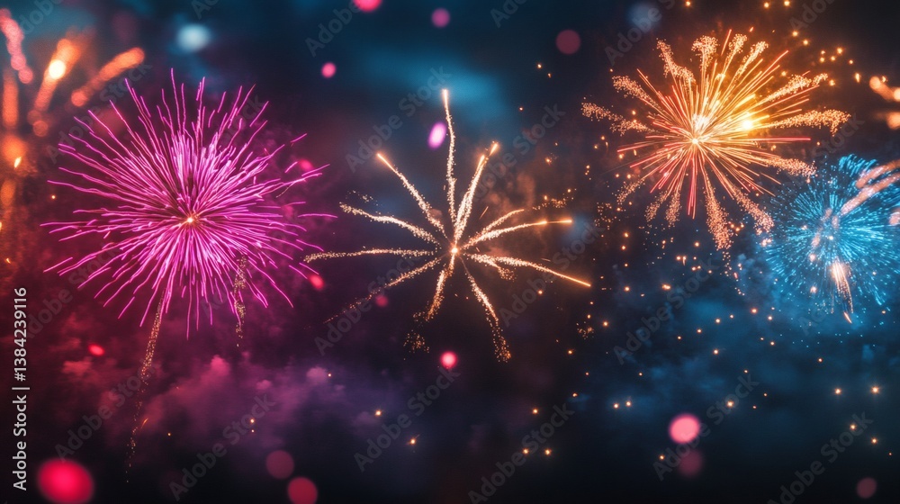 Obraz premium Colorful fireworks explode in night sky; celebration background
