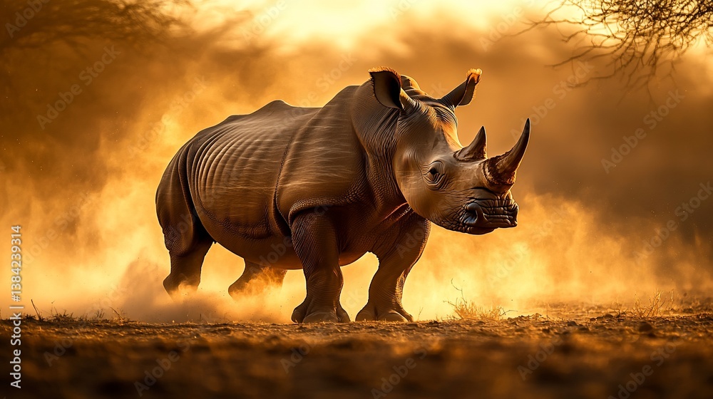 Fototapeta premium Majestic white rhinoceros charging through dusty savanna at sunset.
