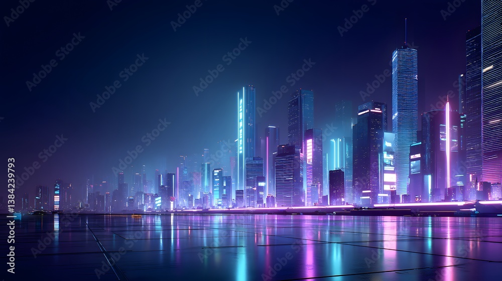 Obraz premium futuristic city skyline at night with neon lights, generation AI 
