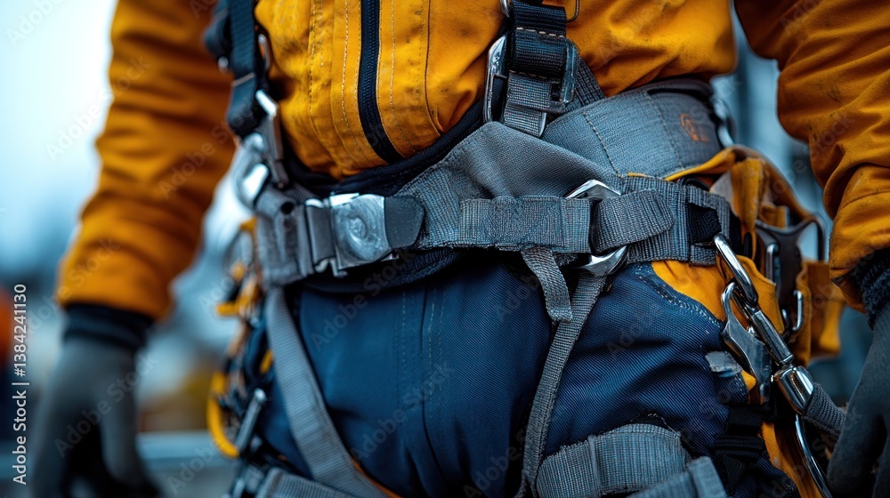 Close-up of a worker's safety harness, showcasing durable straps and buckles Close-up of a worker's safety harness, showcasing durable straps and buckles
