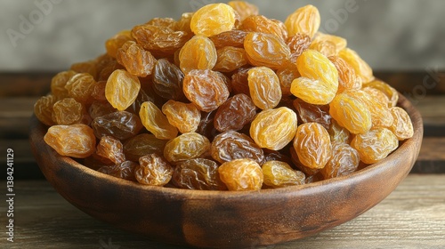 a wooden bowl filled with i zmir sultana raisins seedless sits on a wooden surface the golden and amber colored dried grapes showcase their natural sweetness and chewy texture,stock photo