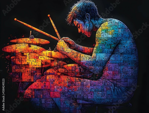 Musician absorbed in drumming fragmented into vibrant colorful squares against a dark background holding drumsticks p
