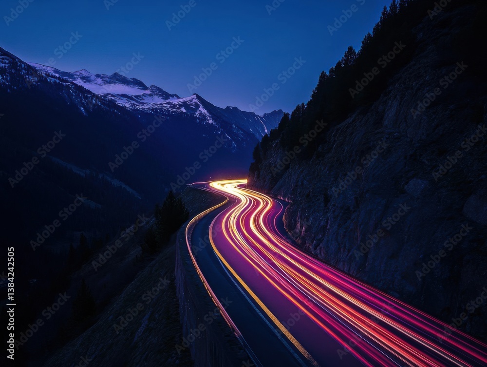 Car light trails in mountain pass with dramatic perspective and negative space below