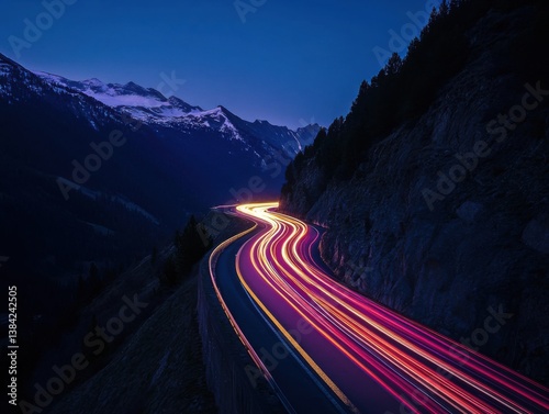 Obraz na płótnie Car light trails in mountain pass with dramatic perspective and negative space below w salonie
