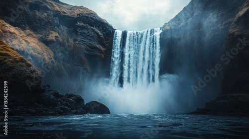 Majestic Icelandic waterfall cascading down rugged cliffs, misty spray, moody sky.  Travel poster