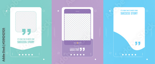 Pastel social media templates for testimonials, reviews, and motivational quotes. Editable layouts in turquoise, purple, and blue with flat design, rating stars, and photo placeholders