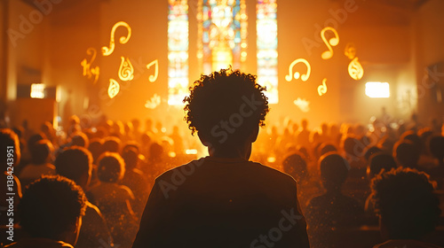 Person faces a crowd bathed in golden light with stained glass and musical notes adorning the scene