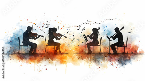 Quartet playing stringed instruments a watercolor art illustration of seated musicians performing with sheet music and