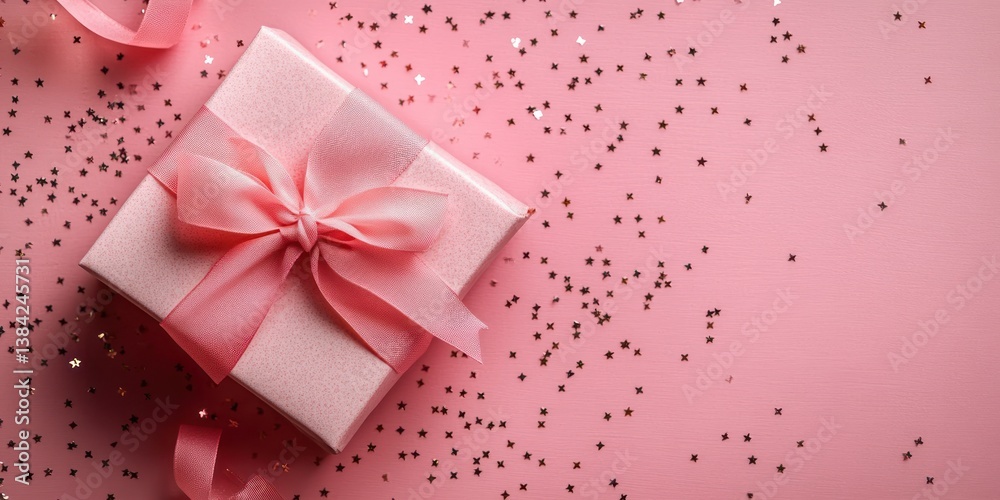 Gift Box with Pink Ribbon and Confetti on Soft Pink Background for Celebrations and Holidays Gift Box with Pink Ribbon and Confetti on Soft Pink Background for Celebrations and Holidays