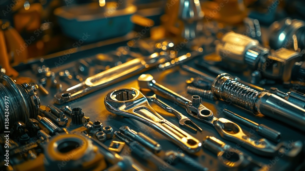 Shiny metal tools arranged on a cluttered workbench surface Shiny metal tools arranged on a cluttered workbench surface