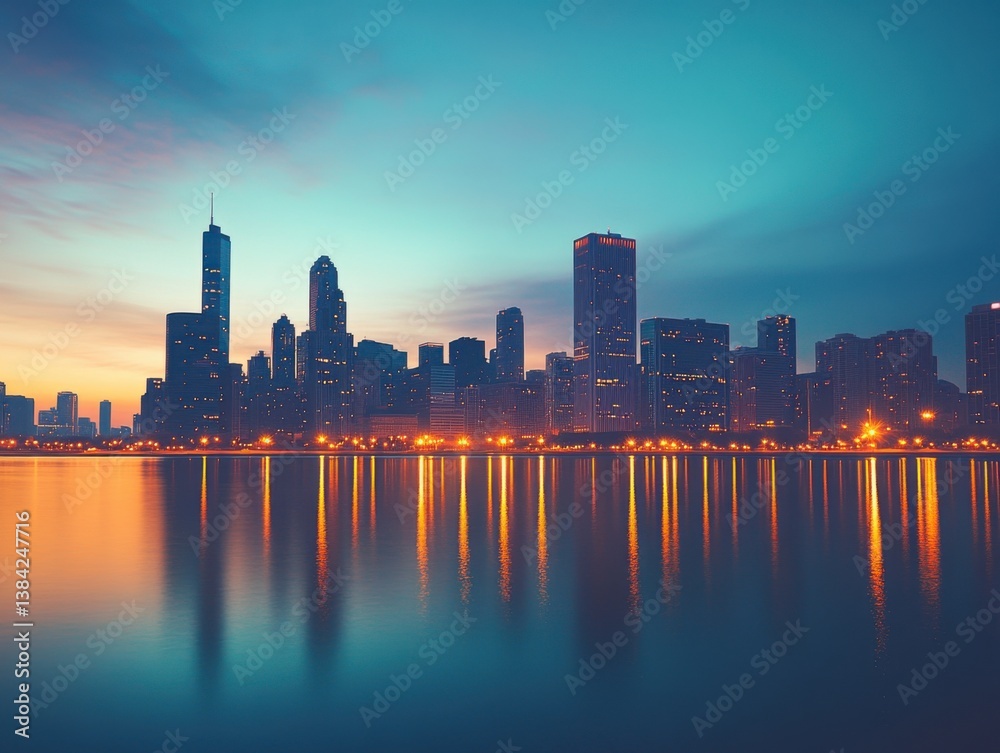 Obraz premium City skyline with triadic color scheme and long exposure in twilight with copy space below