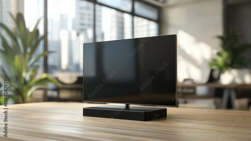 Modern flat-screen TV on a wooden table in a bright office Modern flat-screen TV on a wooden table in a bright office