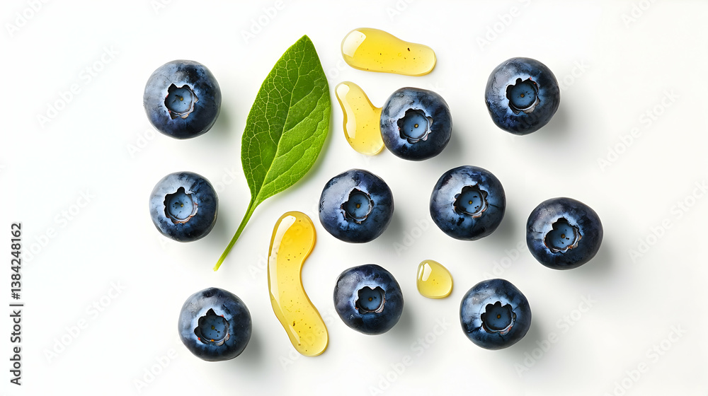Fresh Blueberries With Honey Drizzle On White Background Fresh Blueberries With Honey Drizzle On White Background