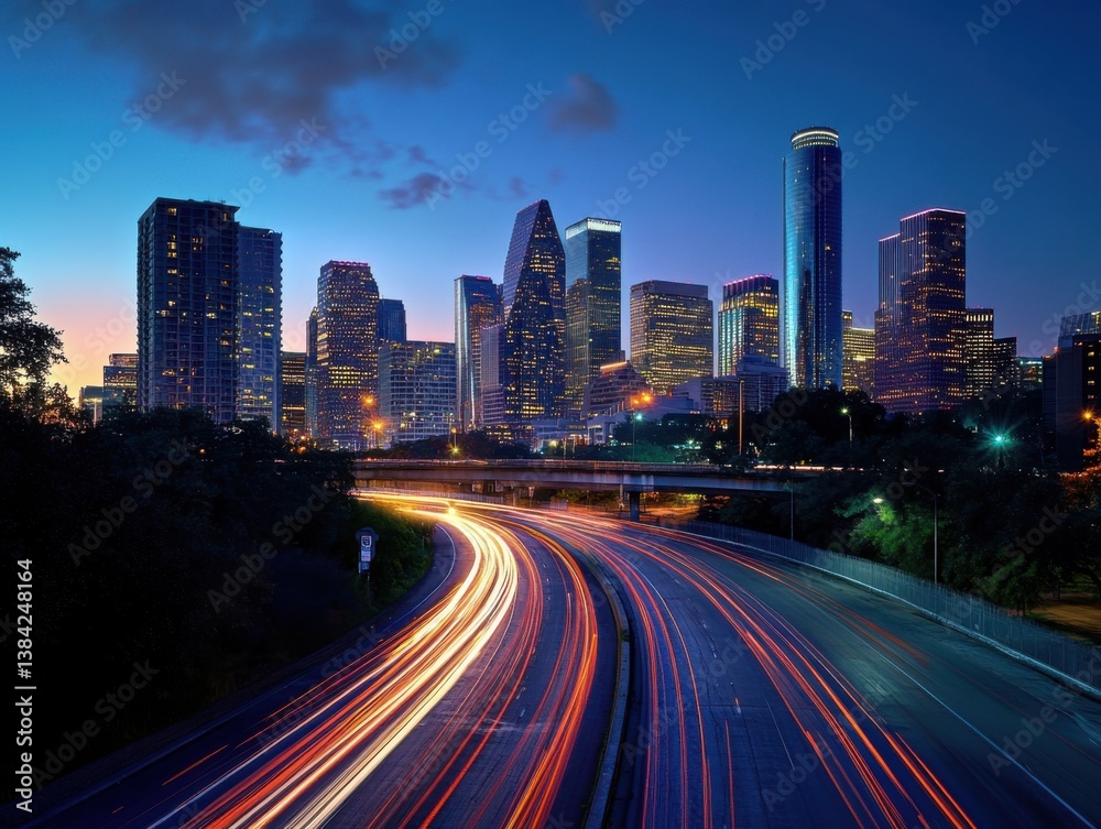 City skyline with light trails and twilight lighting and negative space on top City skyline with light trails and twilight lighting and negative space on top