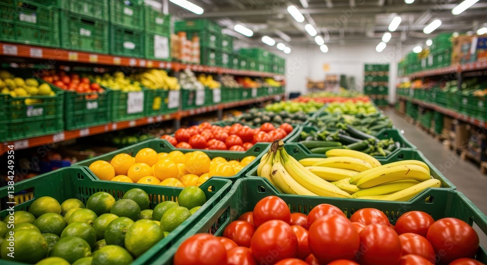 Crates of assorted fresh fruits and vegetables in colorful produce warehouse under bright fluorescent lighting Crates of assorted fresh fruits and vegetables in colorful produce warehouse under bright fluorescent lighting