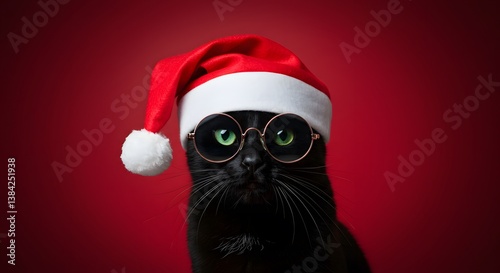 Black Cat in Santa Hat on Red