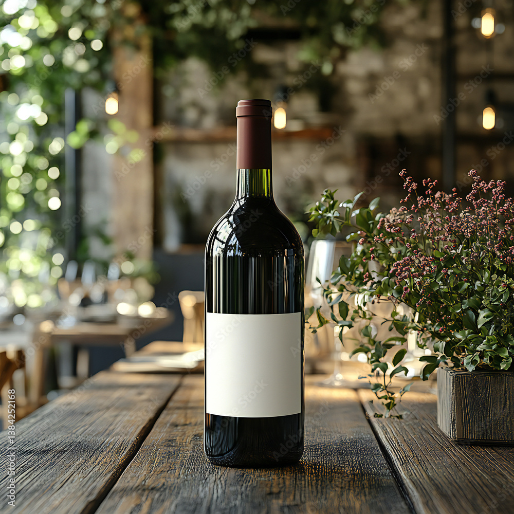 Fototapeta premium A blank wine bottle label mockup with a bottle on a dining table