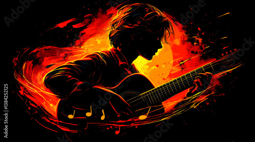 Silhouette plays guitar in vibrant abstract art Notes float from instrument Orange and red tones contrast with black