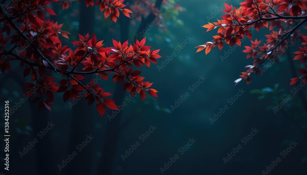 Isolated tree branches on a dark background with a hint of mist, darkness, foliage, branches Isolated tree branches on a dark background with a hint of mist, darkness, foliage, branches