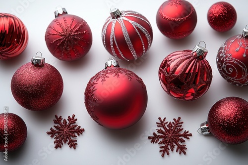 Red Christmas Ornaments and Snowflakes Circular Wreath on White Table Background for Holiday Celebration