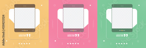 Modern pastel testimonial templates with mobile screen layout, quote marks, and rating stars. Ideal for social media posts, client reviews, and success story highlights