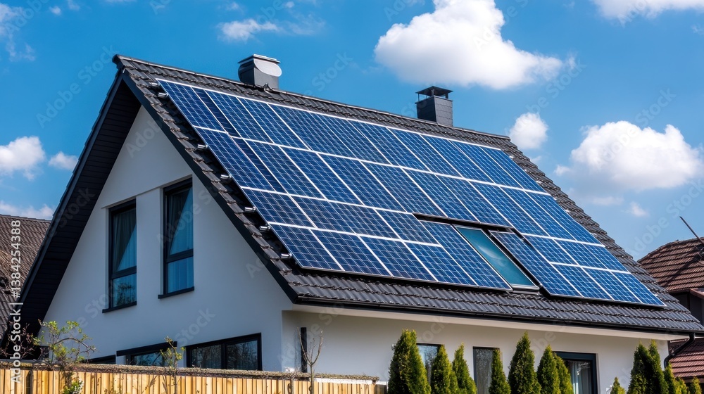 Fototapeta premium Modern house with solar panels on the roof