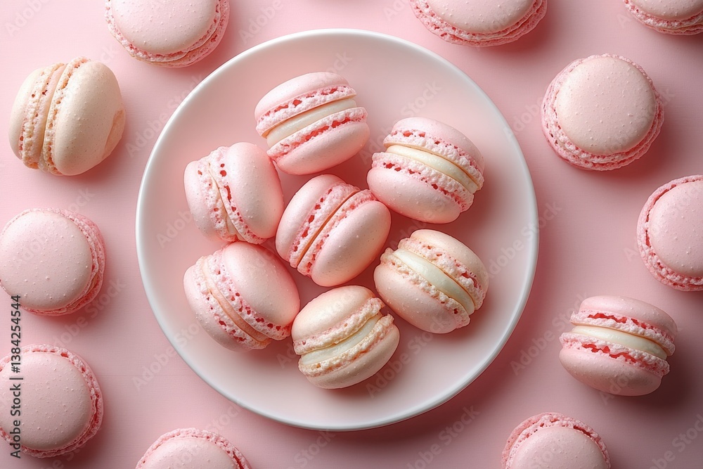 Top view of pastel pink plate with pink macarons on split-color background Top view of pastel pink plate with pink macarons on split-color background