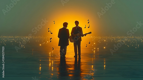 Silhouetted figures one with guitar stand against a luminous backdrop surrounded by floating musical notes reflectin
