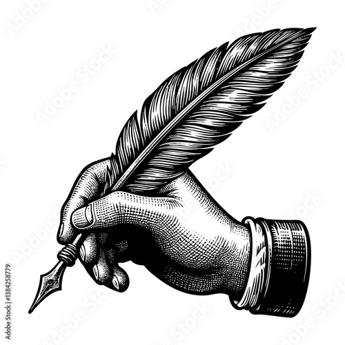 Hand hold quill pen sketch engraving black and white outline. Scratch board imitation.
