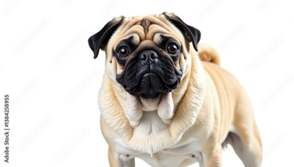 Solo pug, wrinkled face, isolated on pure white, companion, dog breed, breed