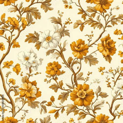 Elegant Floral Pattern in Golden Tones on Soft Ivory Background