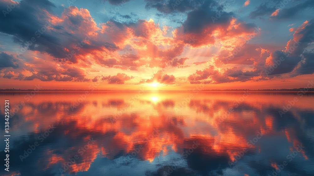 Fototapeta premium Fiery sunset reflected in calm water, vibrant colors