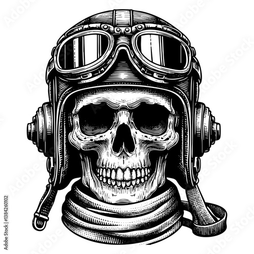Skull wears retro pilot helmet engraving black and white outline. Scratch board imitation. illustrated in vintage line art style on a white background.