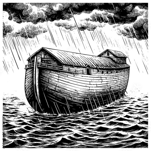 Noah's ark sketch engraving black and white outline. Scratch board imitation. illustrated in vintage line art style on a white background.

