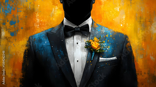 Stylish artistic rendering of a suited figure with a bow tie and floral detail set against a vibrant textured backgroun