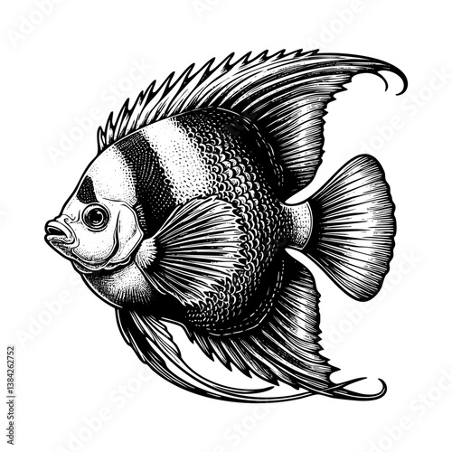Angelfish sketch engraving black and white outline. Scratch board imitation.  illustrated in vintage line art style on a white background.