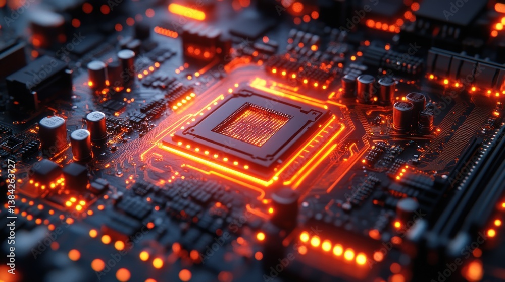 Glowing CPU on motherboard; intricate circuitry Glowing CPU on motherboard; intricate circuitry