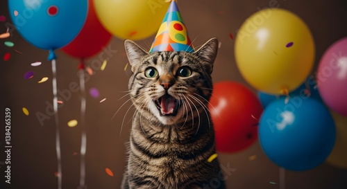 Tabby Cat Celebrating with Balloons