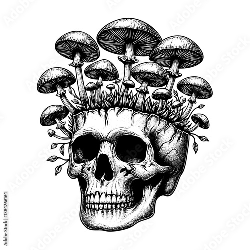 skull with mushrooms growing engraving black and white outline. Scratch board imitation.
