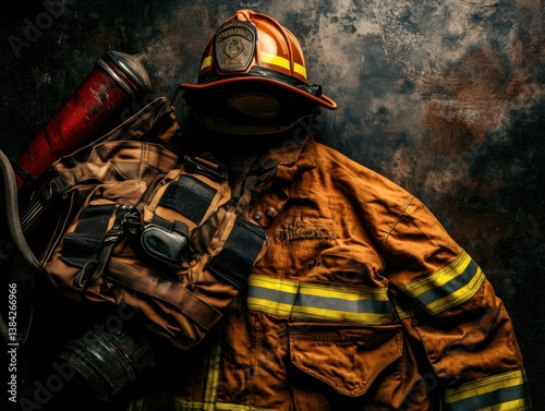 Firefighter gear flat lay with dramatic shadows and copy space on top
