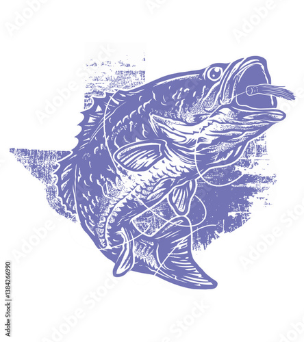 Texas Bass: Capturing the essence of fishing with a large mouth bass graphic, symbol of fishing, perfect for outdoor or fishing related project.