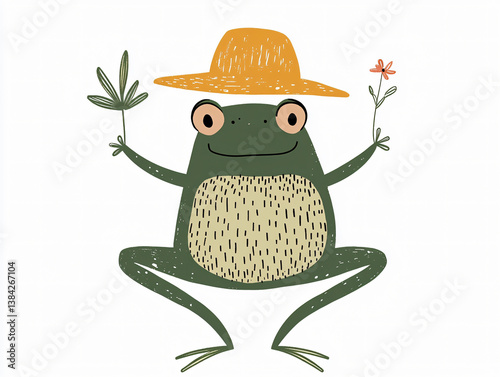 Playful Cartoon Illustration of Green Frog Prince in Whimsical Hat with Colorful Flowers - Cute and Creative Artwork for Children's Adventures