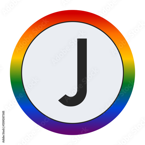 Bold Black Capital Letter J Inside a White Circle with a Vibrant Rainbow Gradient Border Representing LGBTQ Pride and Inclusivity