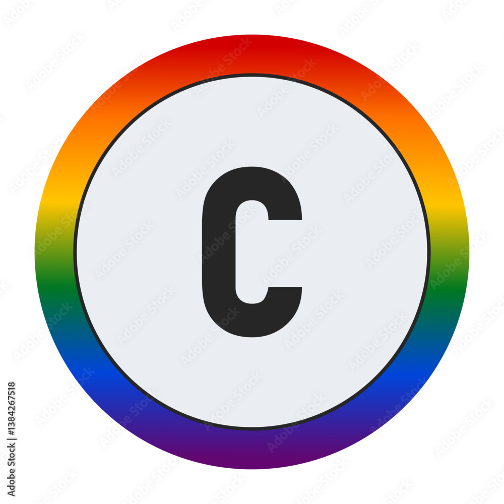 Bold Black Lowercase Letter c Inside a White Circle with a Vibrant Rainbow Gradient Border Representing LGBTQ Pride and Inclusivity Bold Black Lowercase Letter c Inside a White Circle with a Vibrant Rainbow Gradient Border Representing LGBTQ Pride and Inclusivity