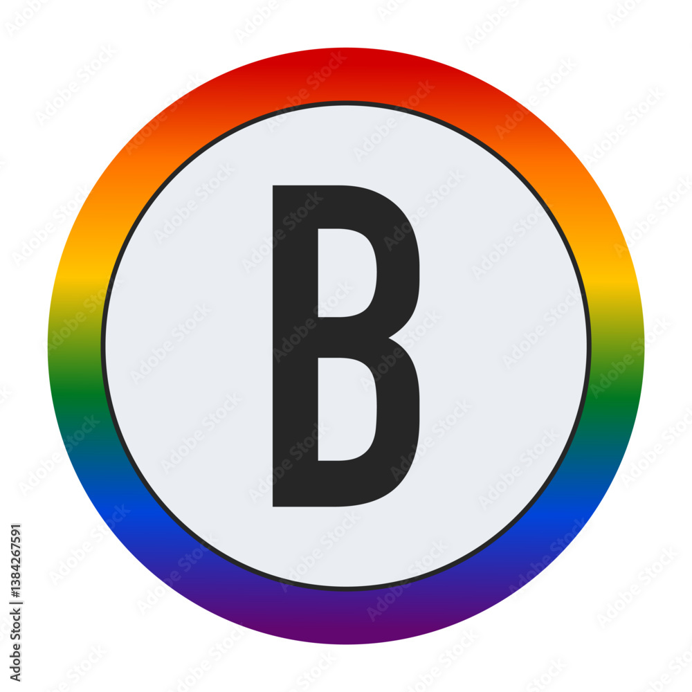 Bold Black Capital Letter B Inside a White Circle with a Vibrant Rainbow Gradient Border Representing LGBTQ Pride and Inclusivity Bold Black Capital Letter B Inside a White Circle with a Vibrant Rainbow Gradient Border Representing LGBTQ Pride and Inclusivity