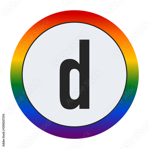 Bold Black Lowercase Letter d Inside a White Circle with a Vibrant Rainbow Gradient Border Representing LGBTQ Pride and Inclusivity