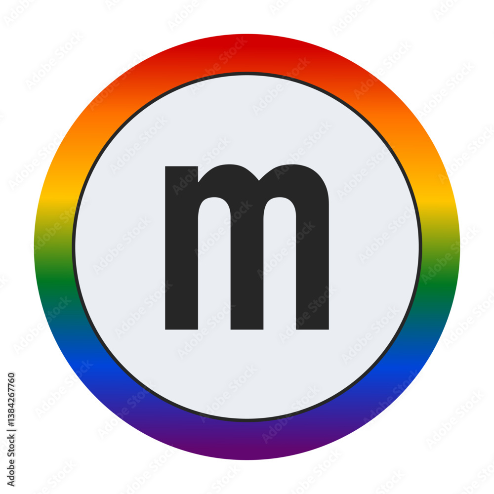 Bold Black Lowercase Letter m Inside a White Circle with a Vibrant Rainbow Gradient Border Representing LGBTQ Pride and Inclusivity Bold Black Lowercase Letter m Inside a White Circle with a Vibrant Rainbow Gradient Border Representing LGBTQ Pride and Inclusivity